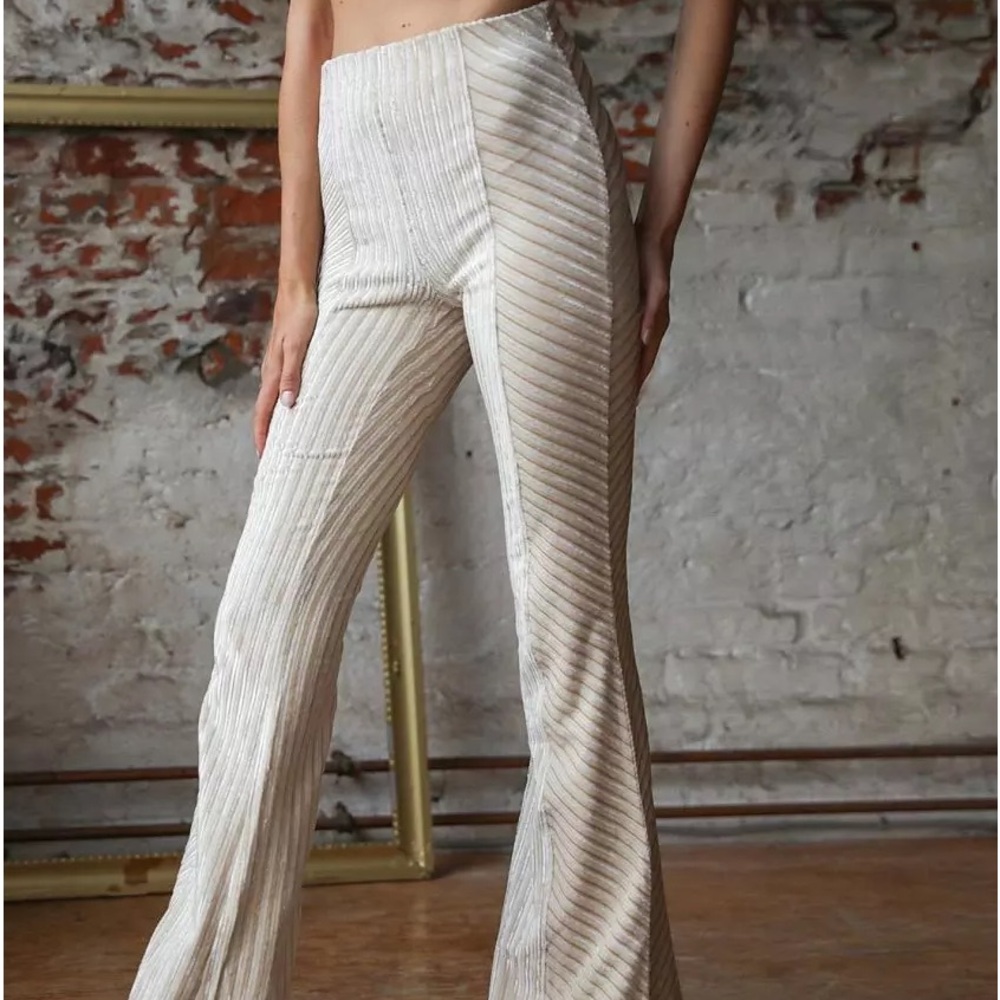 Cream Free People Velvet Ribbed Pants